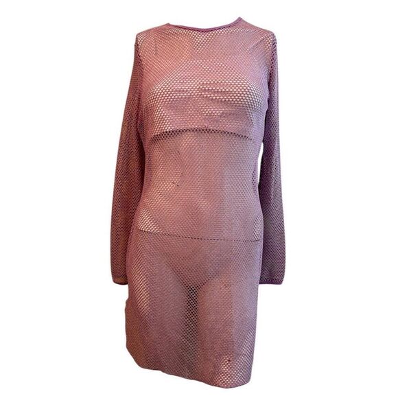 Womens M Pink Metallic Long Sleeve Swim Cover Up Open Weave Mesh Pullover NWT - Picture 2 of 6